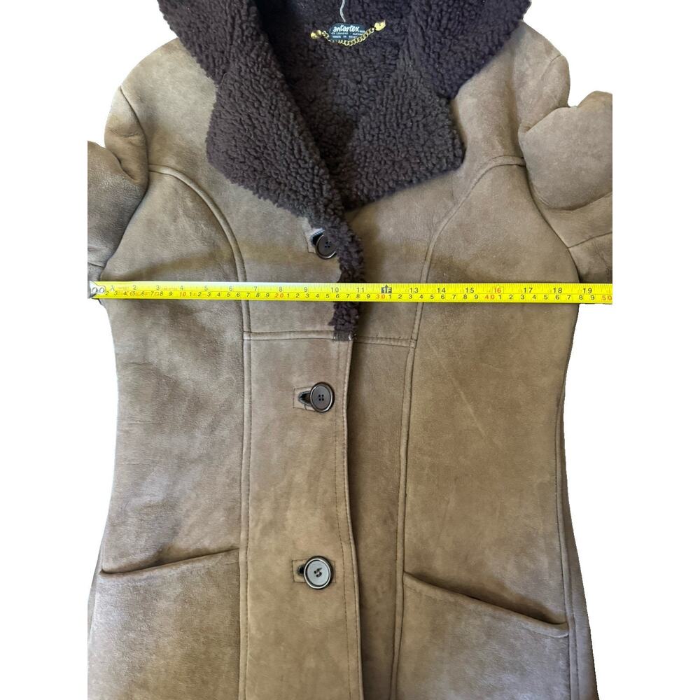 Antartex Women’s Sheepskin Shearling Suede Leather Hooded Coat Brown Vintage M - Picture 7 of 11